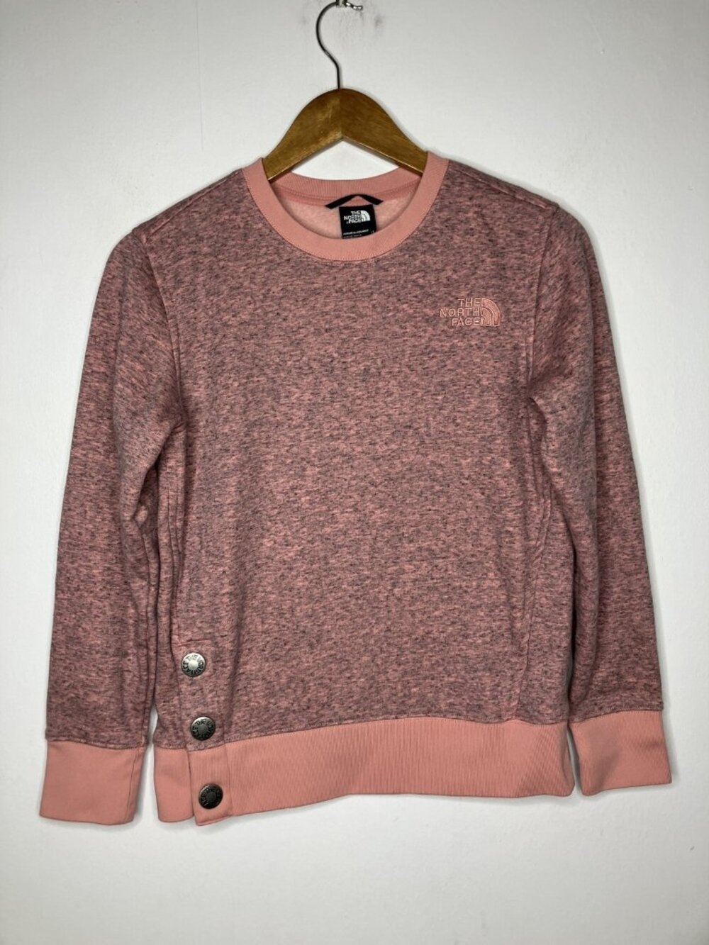 The North Face Women's Pink Heathered Crewneck Sweatshirt Size XS Buttons Logo